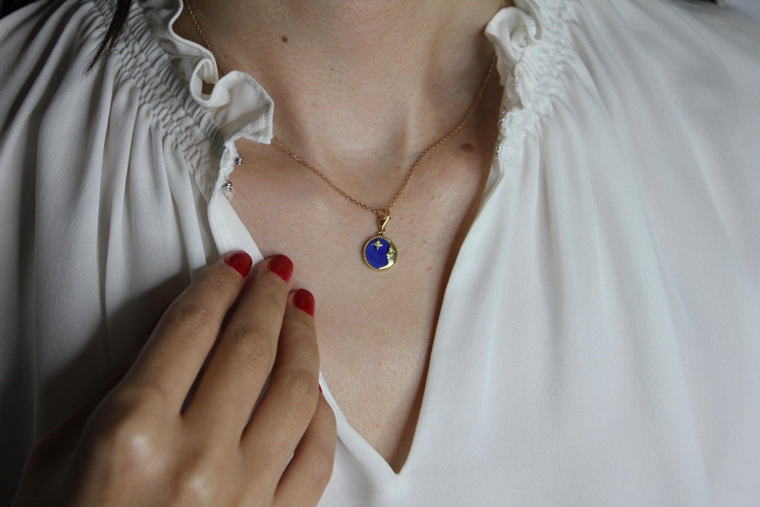 Diamond Lunar Moon Celestial Star Sky Gold Blue Lapis Lazuli Medallion Pendant