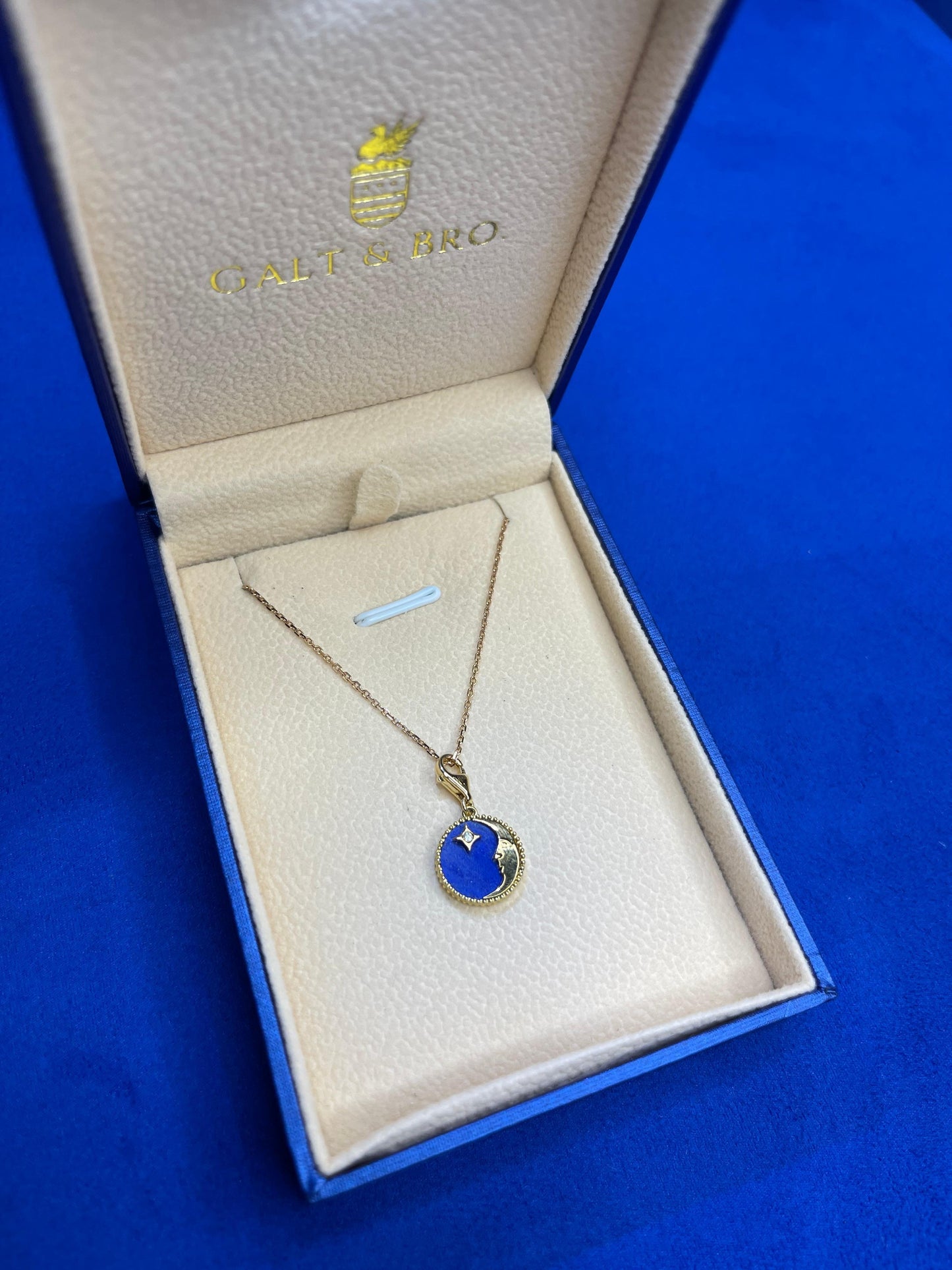 diamond lunar moon celestial star sky gold blue lapis lazuli medallion pendant