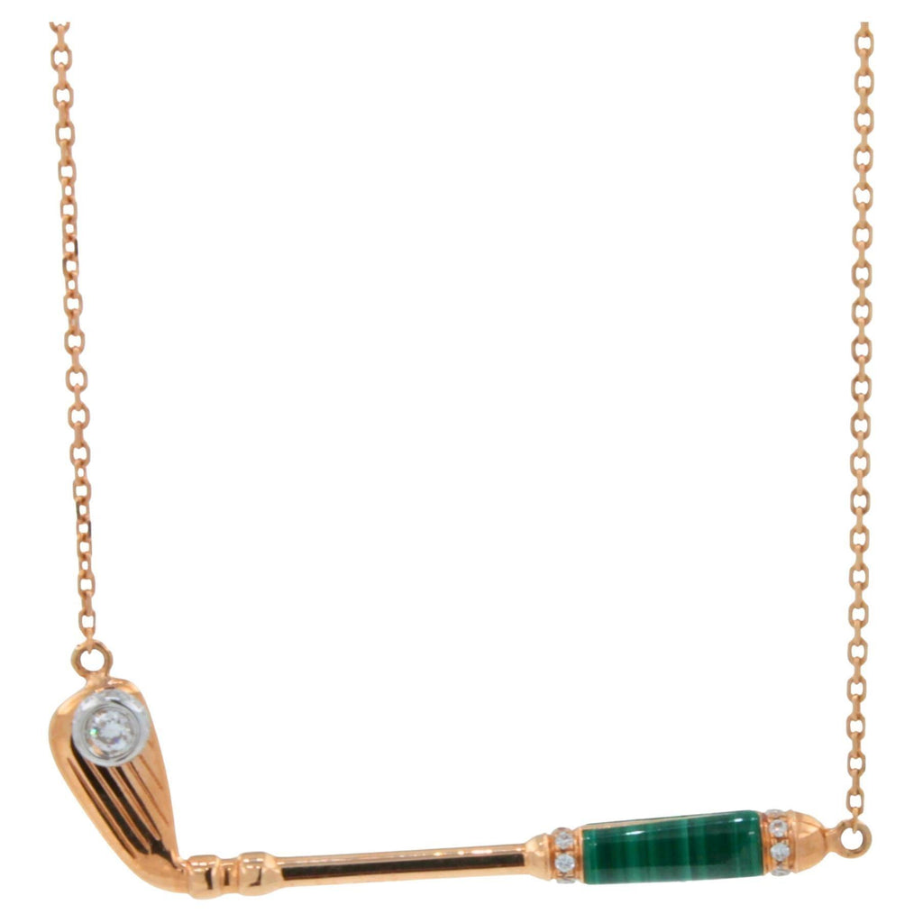 Diamond Malachite Golf Club Birdie Charm 18 Karat Yellow Gold Necklace Pendant