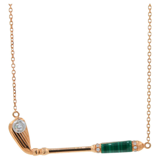 Diamond Malachite Golf Club Birdie Charm 18 Karat Yellow Gold Necklace Pendant