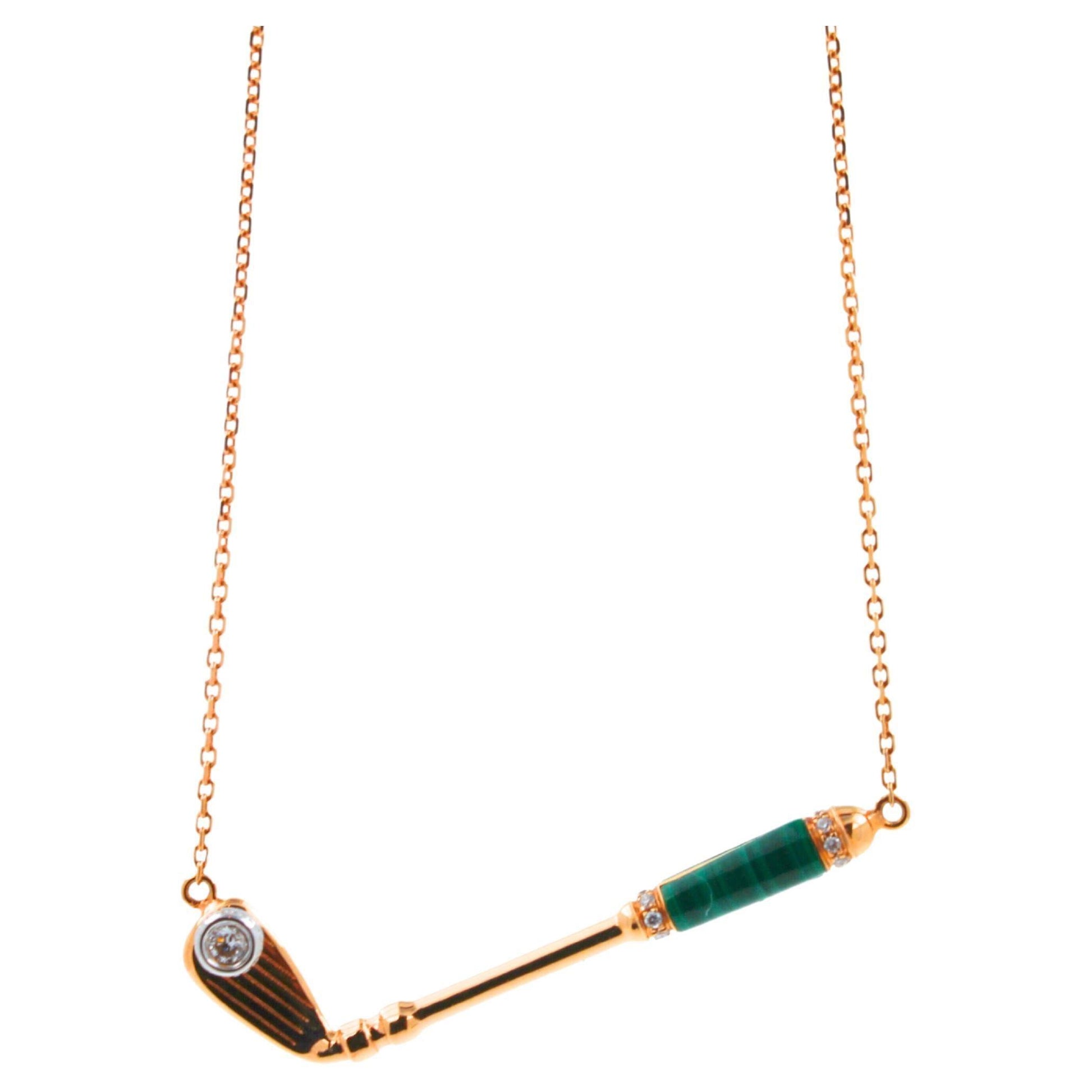 Diamond Malachite Golf Club Birdie Charm 18 Karat Yellow Gold Necklace Pendant