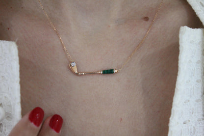 Diamond Malachite Golf Club Birdie Charm 18 Karat Yellow Gold Necklace Pendant