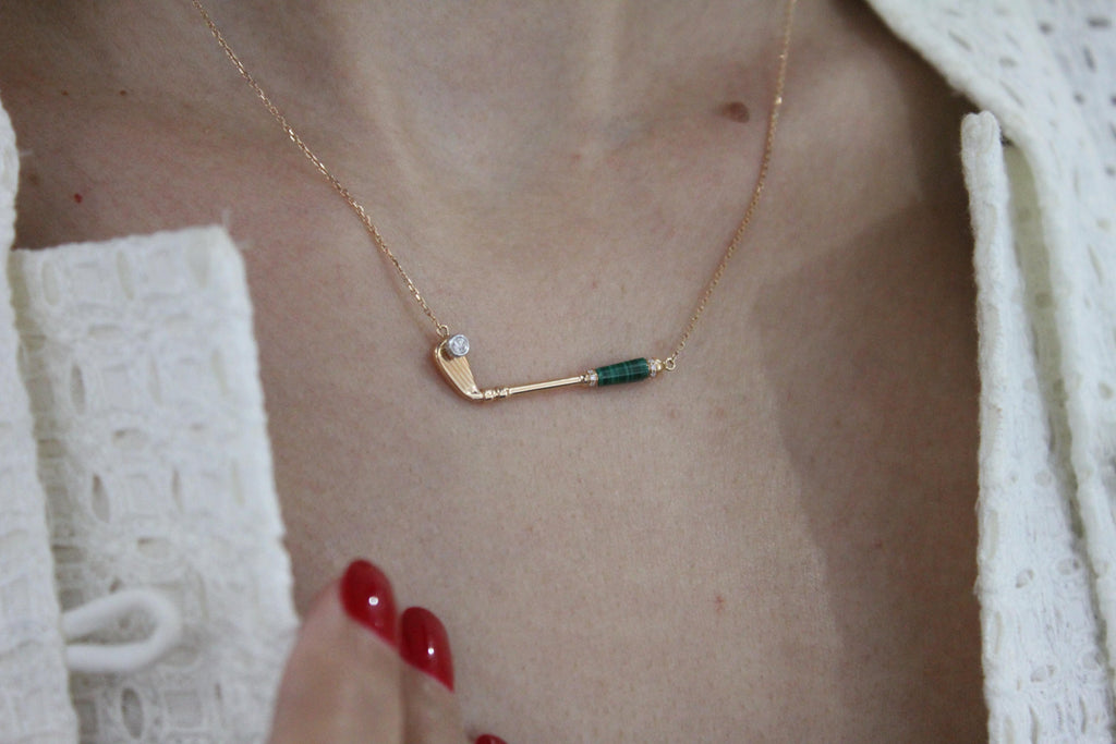 Diamond Malachite Golf Club Birdie Charm 18 Karat Yellow Gold Necklace Pendant
