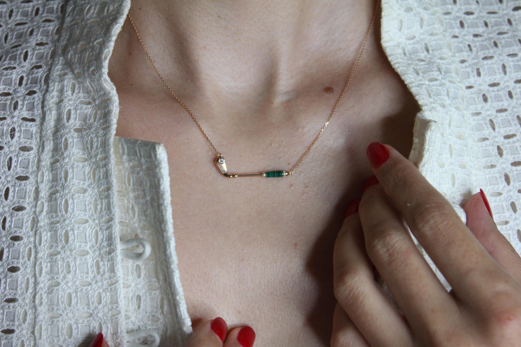 Diamond Malachite Golf Club Birdie Charm 18 Karat Yellow Gold Necklace Pendant
