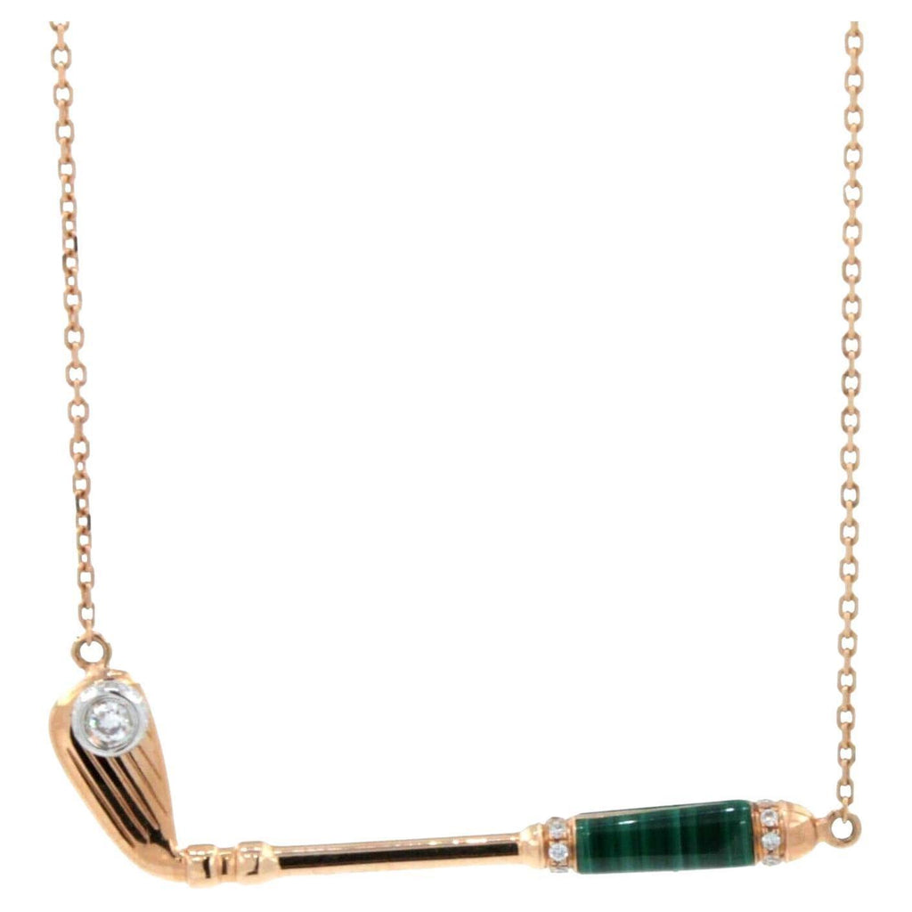 Diamond Malachite Golf Club Birdie Charm 18 Karat Yellow Gold Necklace Pendant
