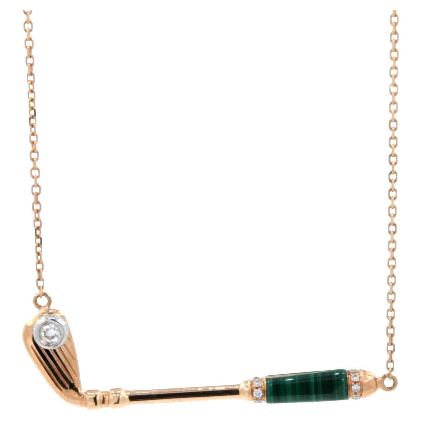 Diamond Malachite Golf Club Birdie Charm 18 Karat Yellow Gold Necklace Pendant