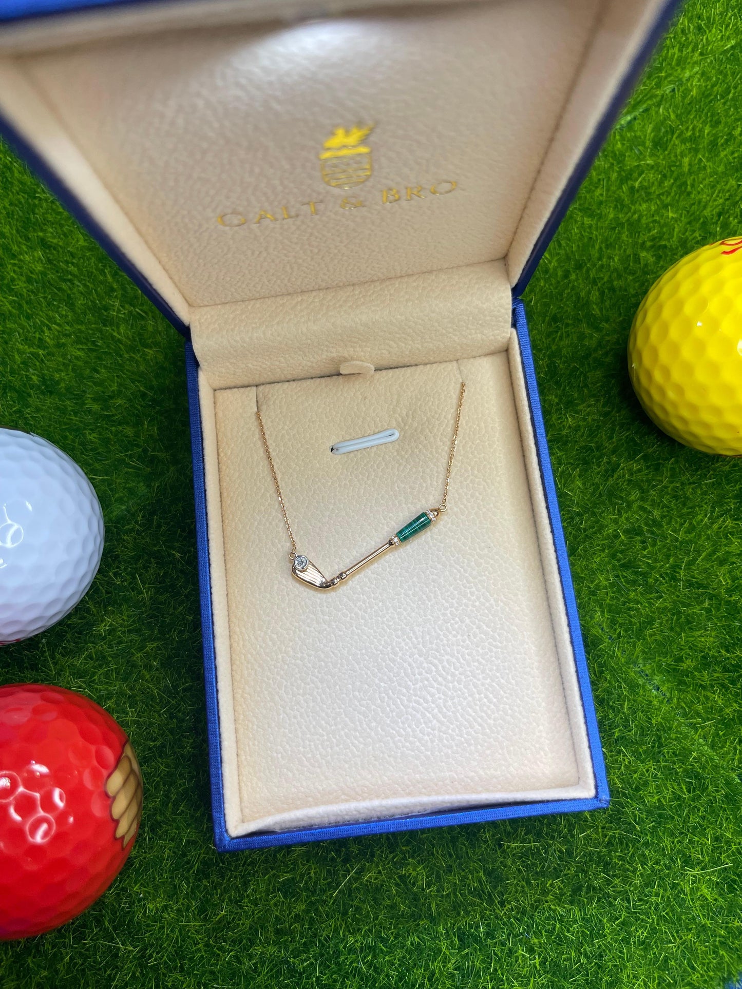 diamond malachite golf club birdie charm 18 karat yellow gold necklace pendant