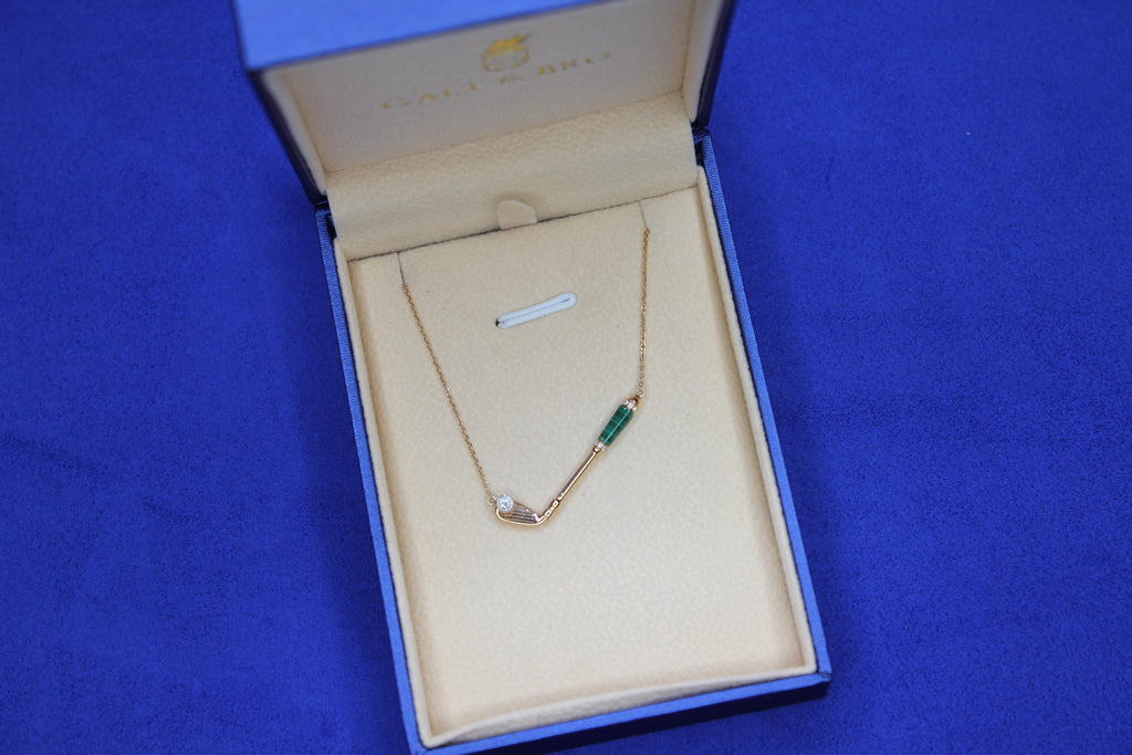 Diamond Malachite Golf Club Birdie Charm 18 Karat Yellow Gold Necklace Pendant
