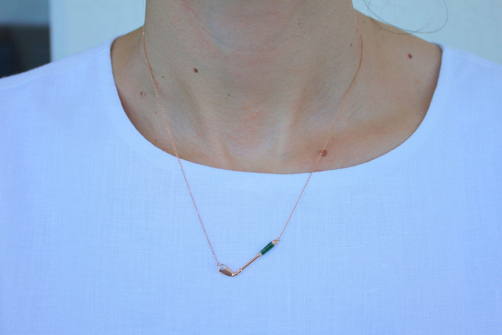 Diamond Malachite Golf Club Birdie Charm 18 Karat Yellow Gold Necklace Pendant