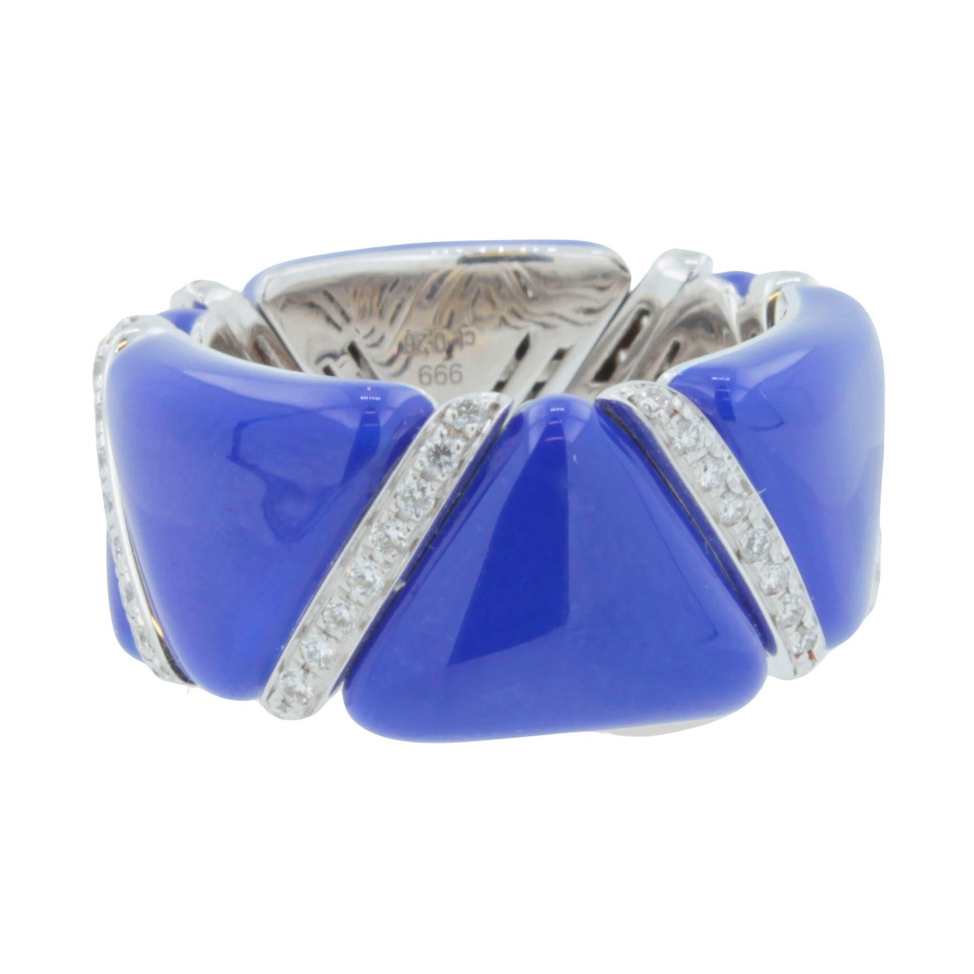Diamond Navy Blue Enamel Flexible Italian Eternity Band Unique White Gold Ring