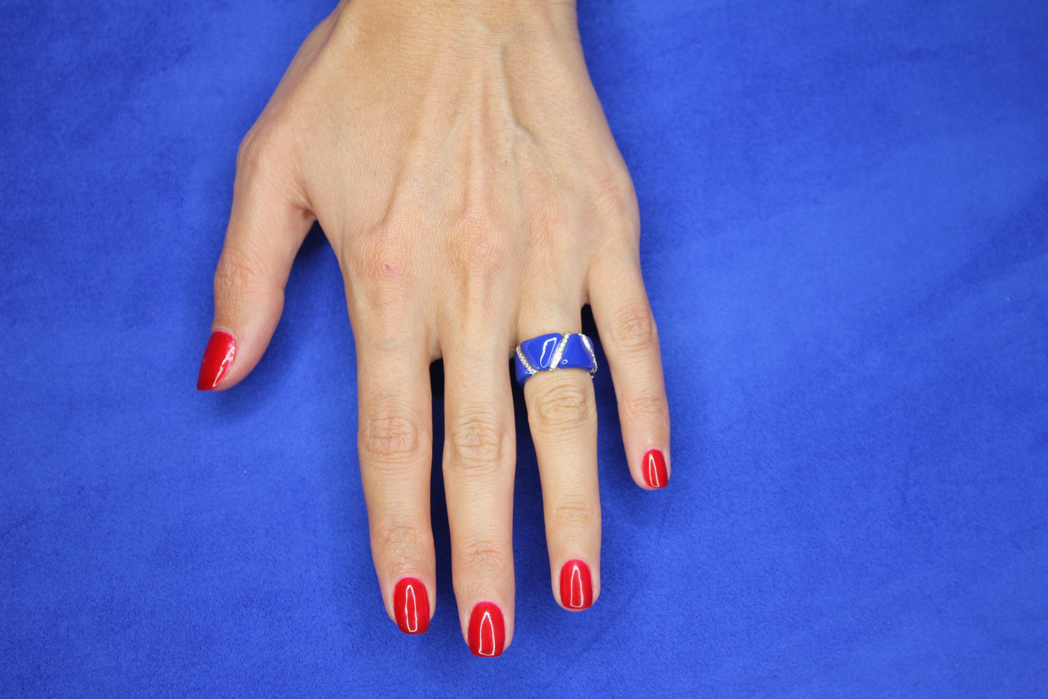 Diamond Navy Blue Enamel Flexible Italian Eternity Band Unique White Gold Ring