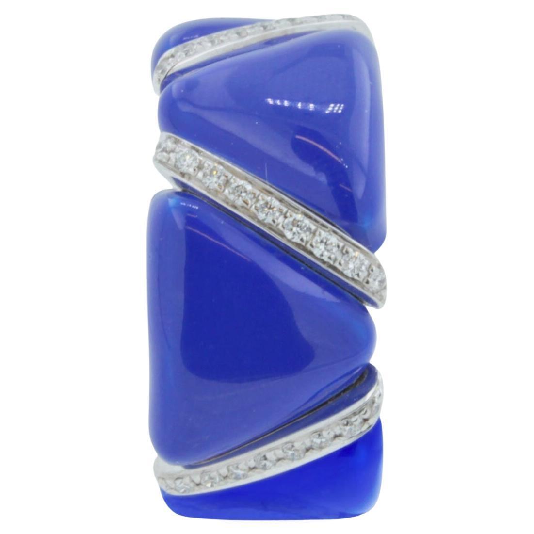 Diamond Navy Blue Enamel Flexible Italian Eternity Band Unique White Gold Ring
