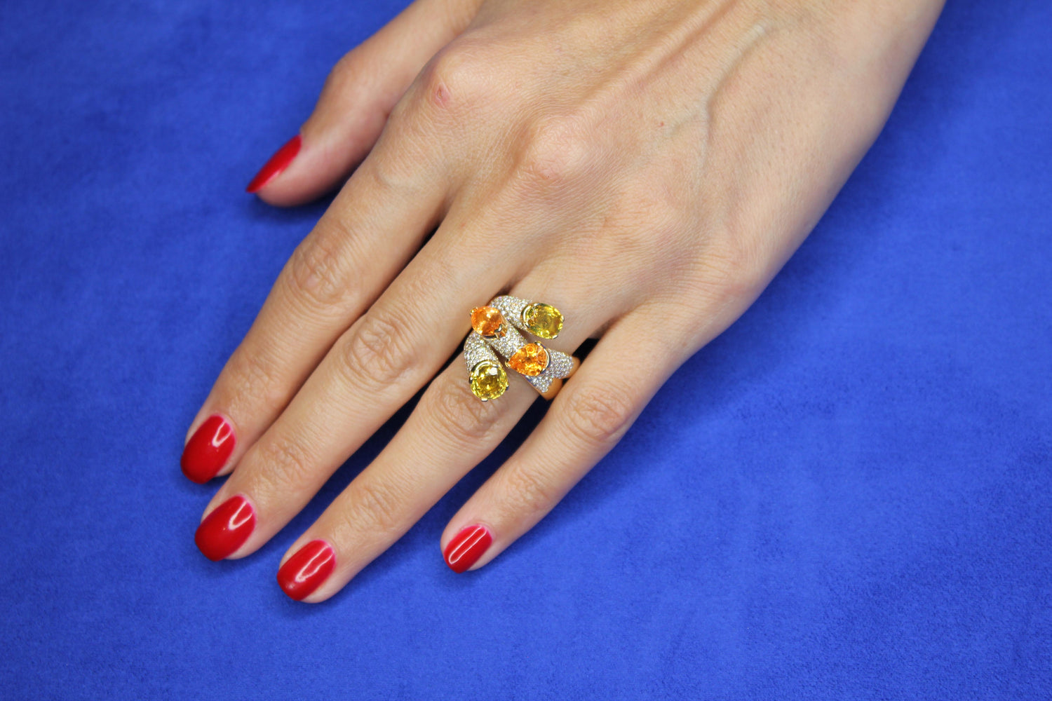 Diamond Orange Yellow Sapphire Cocktail Luxury Unique 18 Karat Yellow Gold Ring