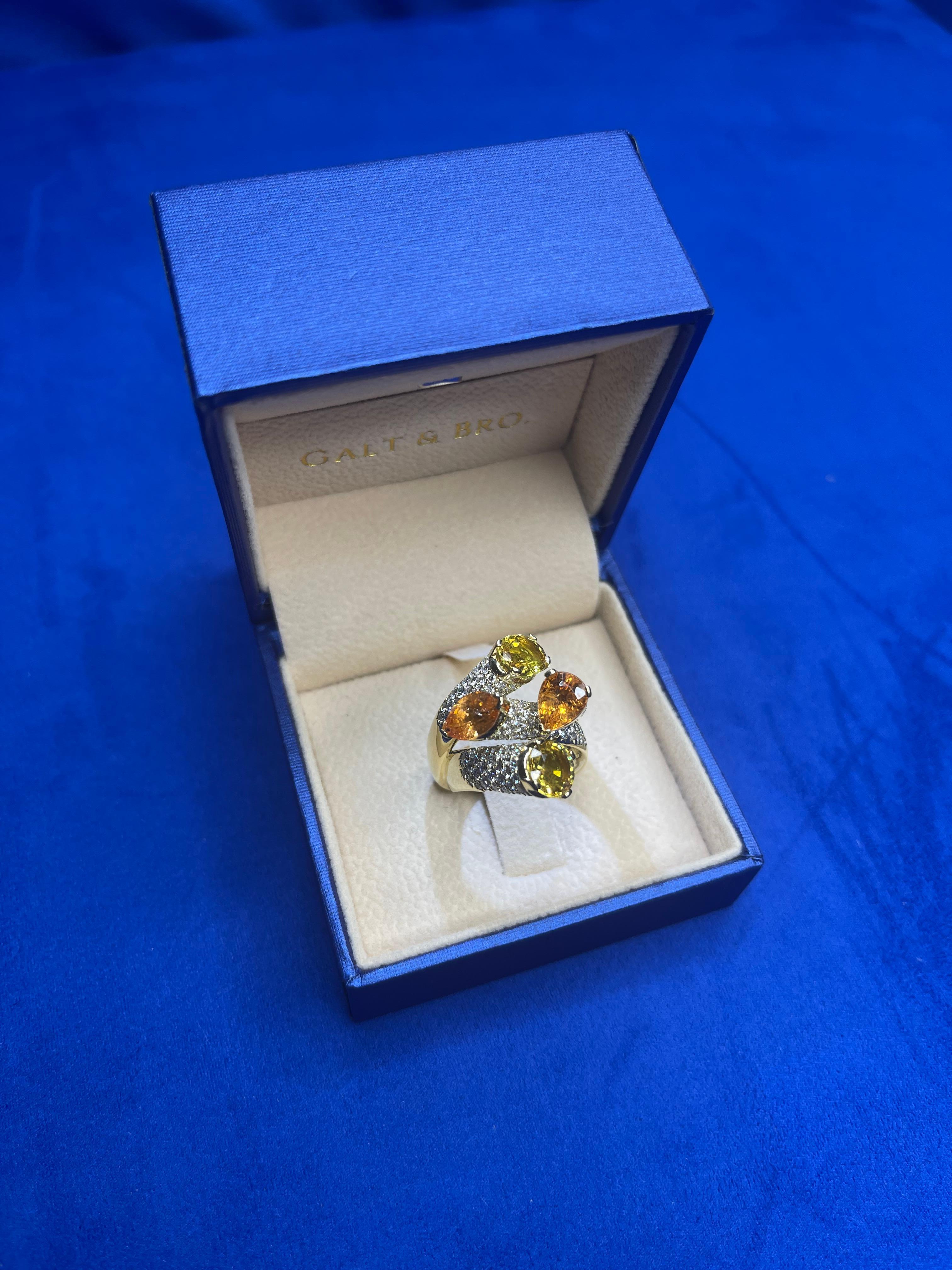 Diamond Orange Yellow Sapphire Cocktail Luxury Unique 18 Karat Yellow Gold Ring