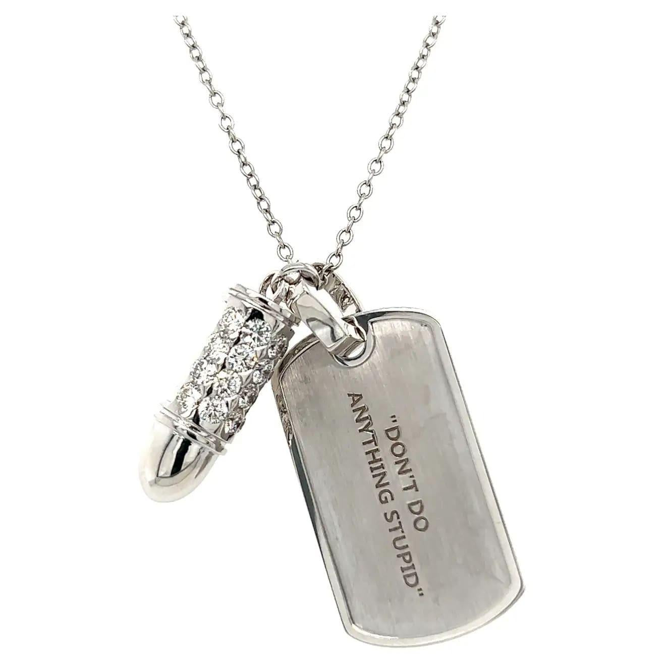 Diamond Pave Bullet Dog Tag 18 Karat W Solid Gold Amulet Charm Pendant Necklace