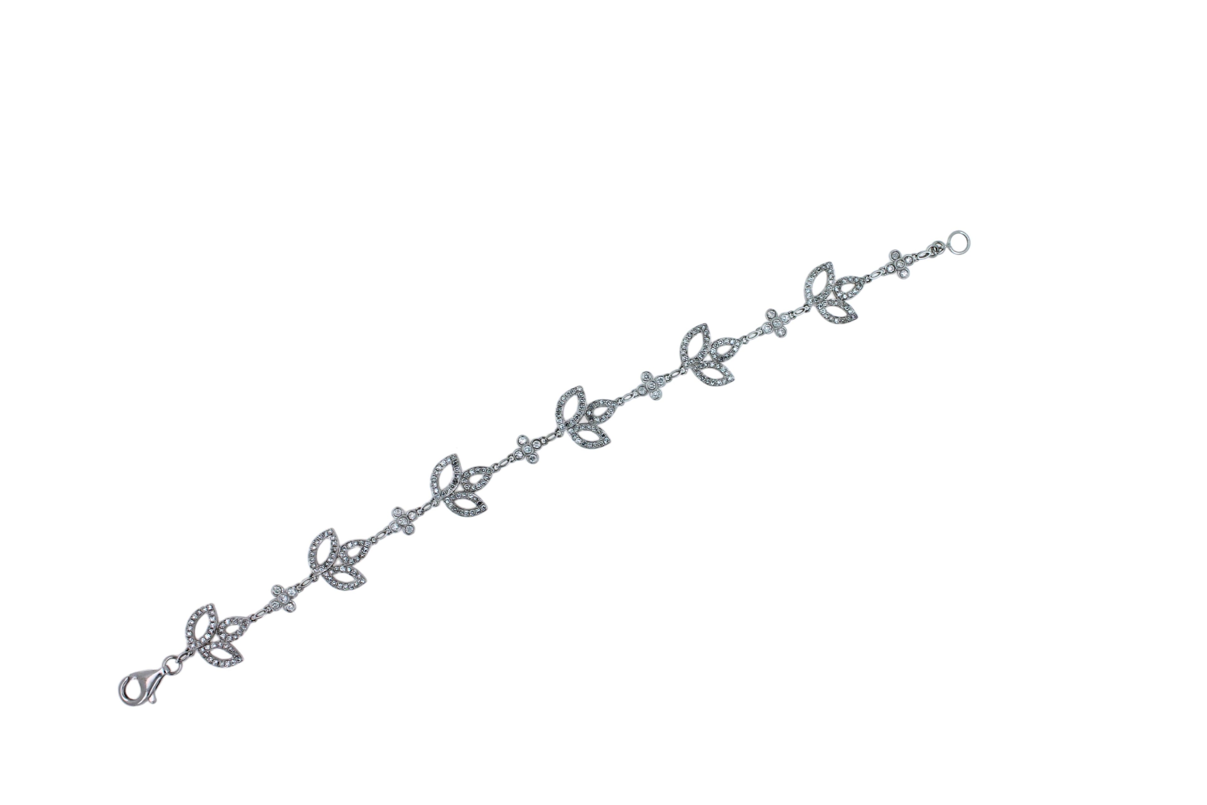 Diamond Pave Leaf Leaves Nature Link Fashion 18 Karat White Gold Chain Bracelet