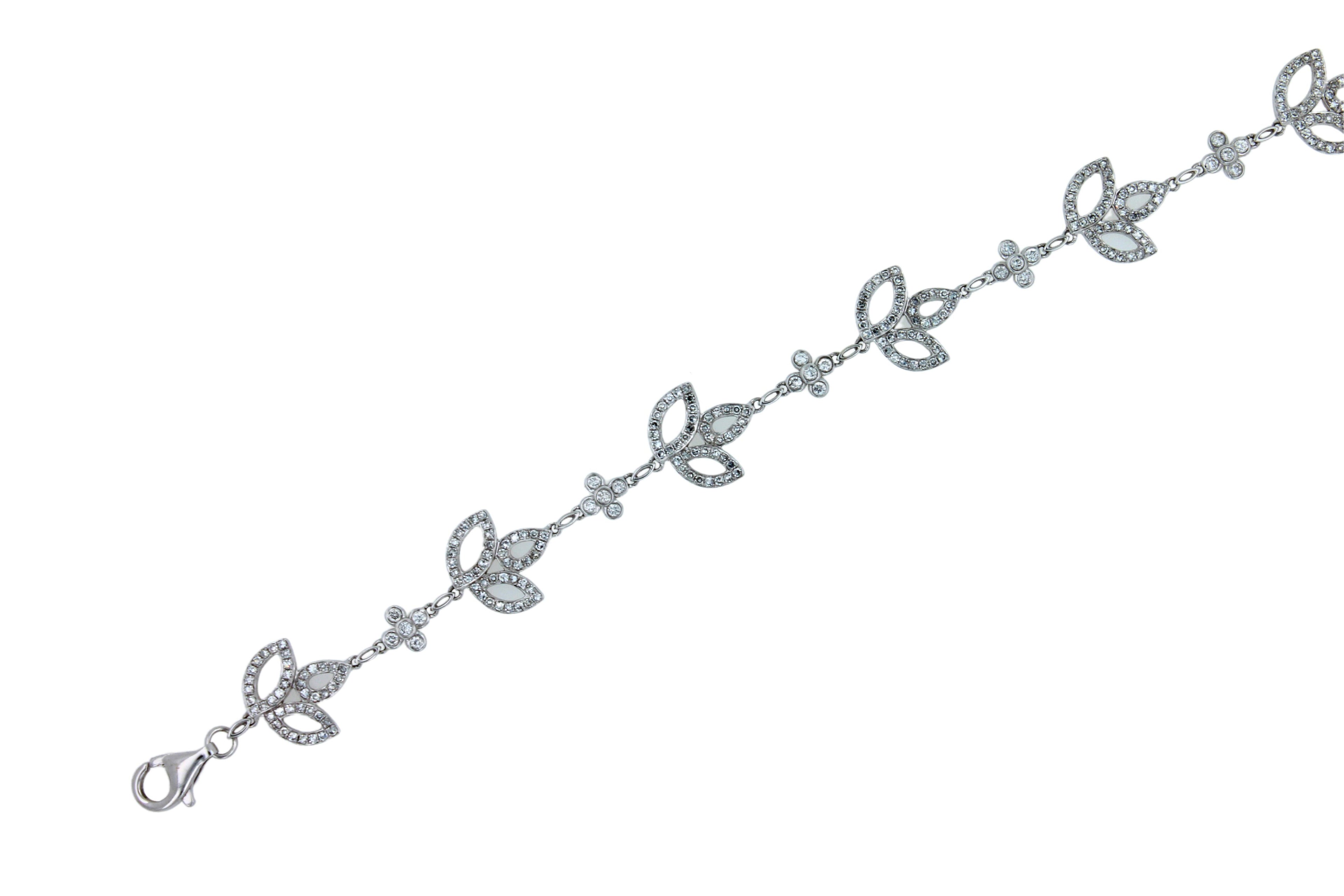 Diamond Pave Leaf Leaves Nature Link Fashion 18 Karat White Gold Chain Bracelet