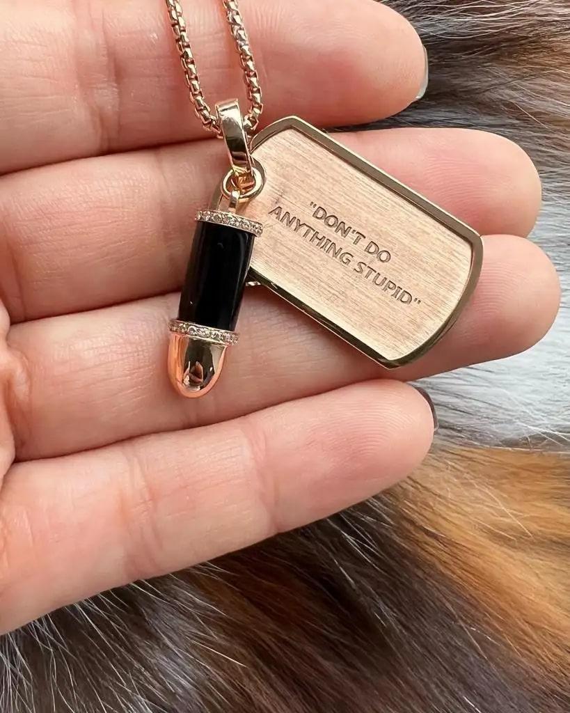 Diamond Pave Malachite Bullet Dog Tag 18 Kara Gold Amulet Charm Pendant Necklace