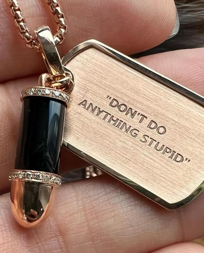 Diamond Pave Malachite Bullet Dog Tag 18 Kara Gold Amulet Charm Pendant Necklace