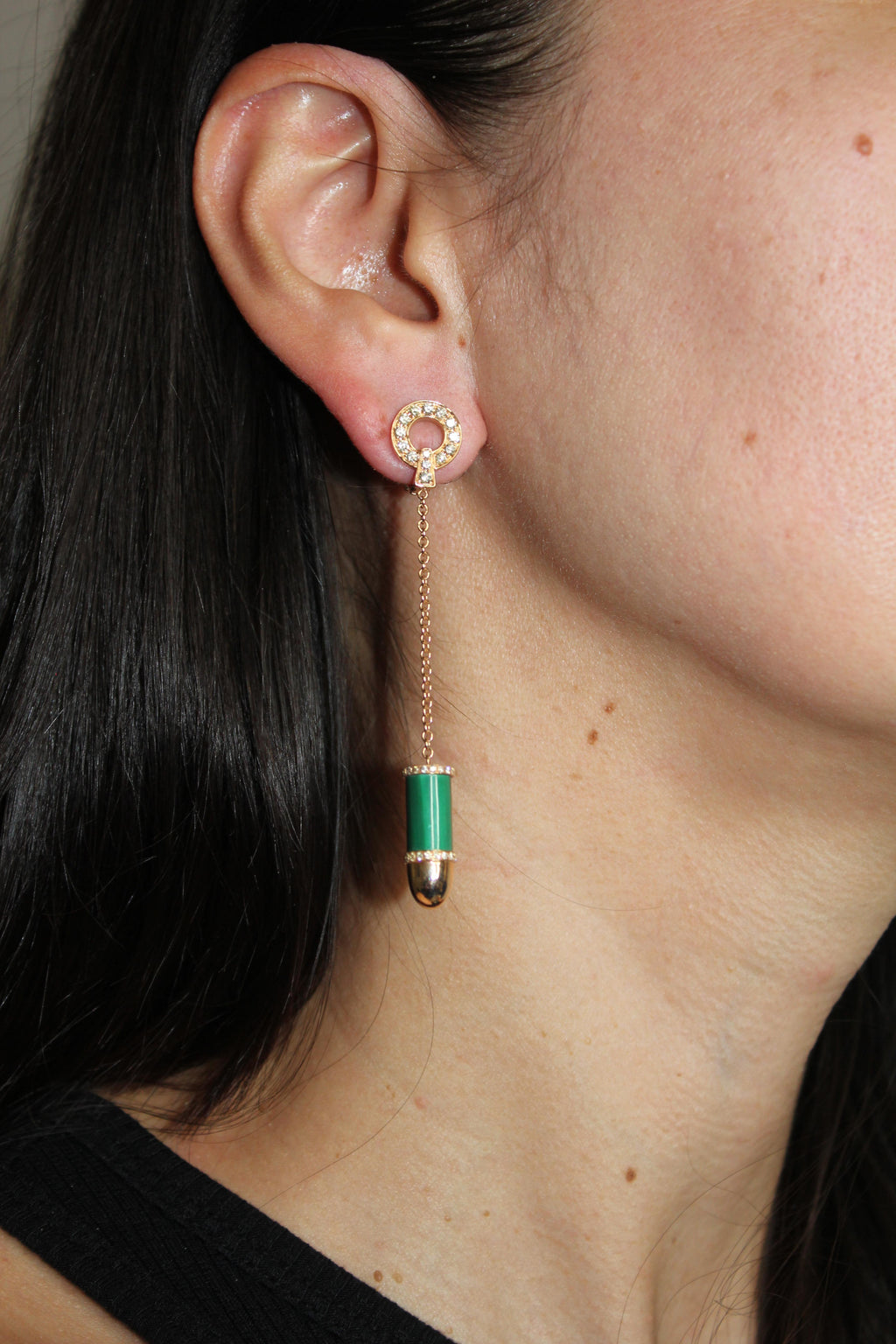 Diamond Pave Mother of Pearl Bullet 18 Karat Solid Gold Drop Dangle Earrings
