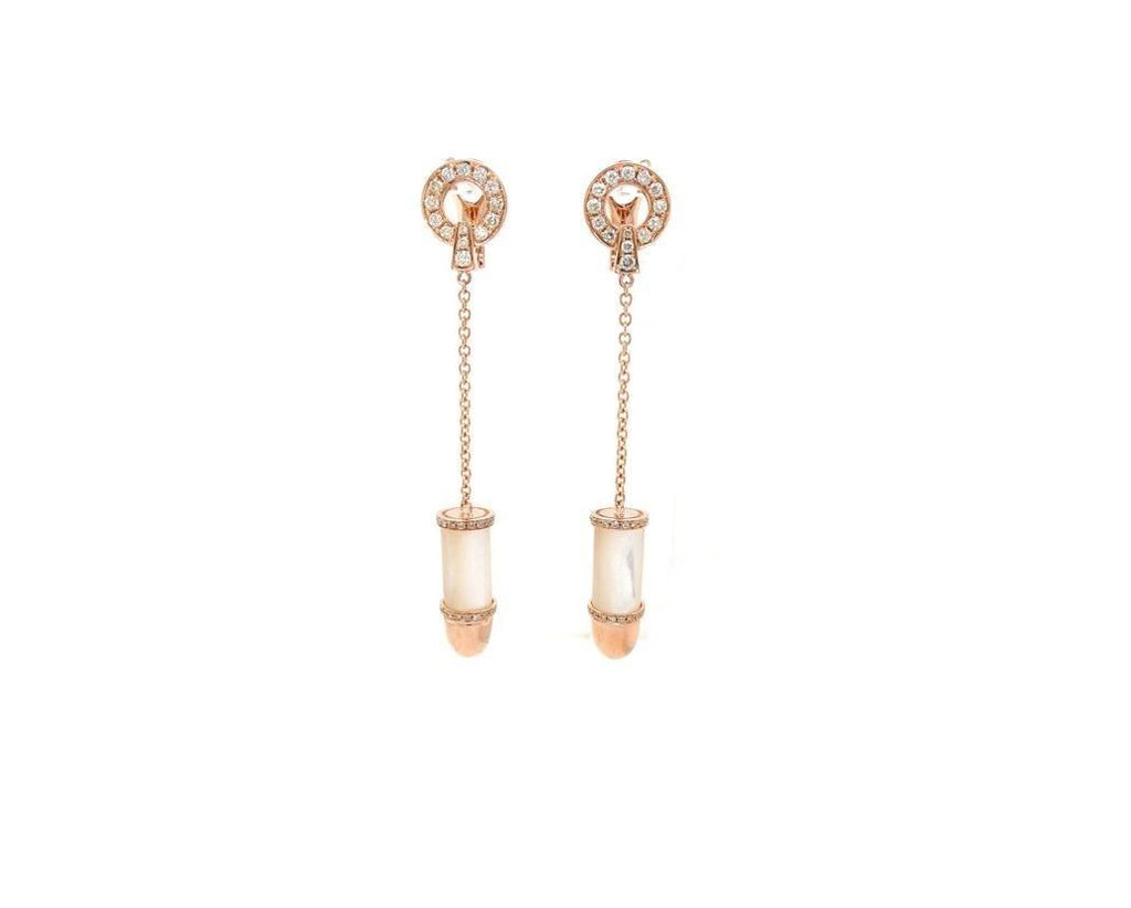 Diamond Pave Mother of Pearl Bullet 18 Karat Solid Gold Drop Dangle Earrings