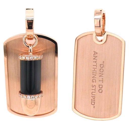 Diamond Pave Onyx Bullet Dog Tag 18 Karat Gold Amulet Charm Pendant Necklace