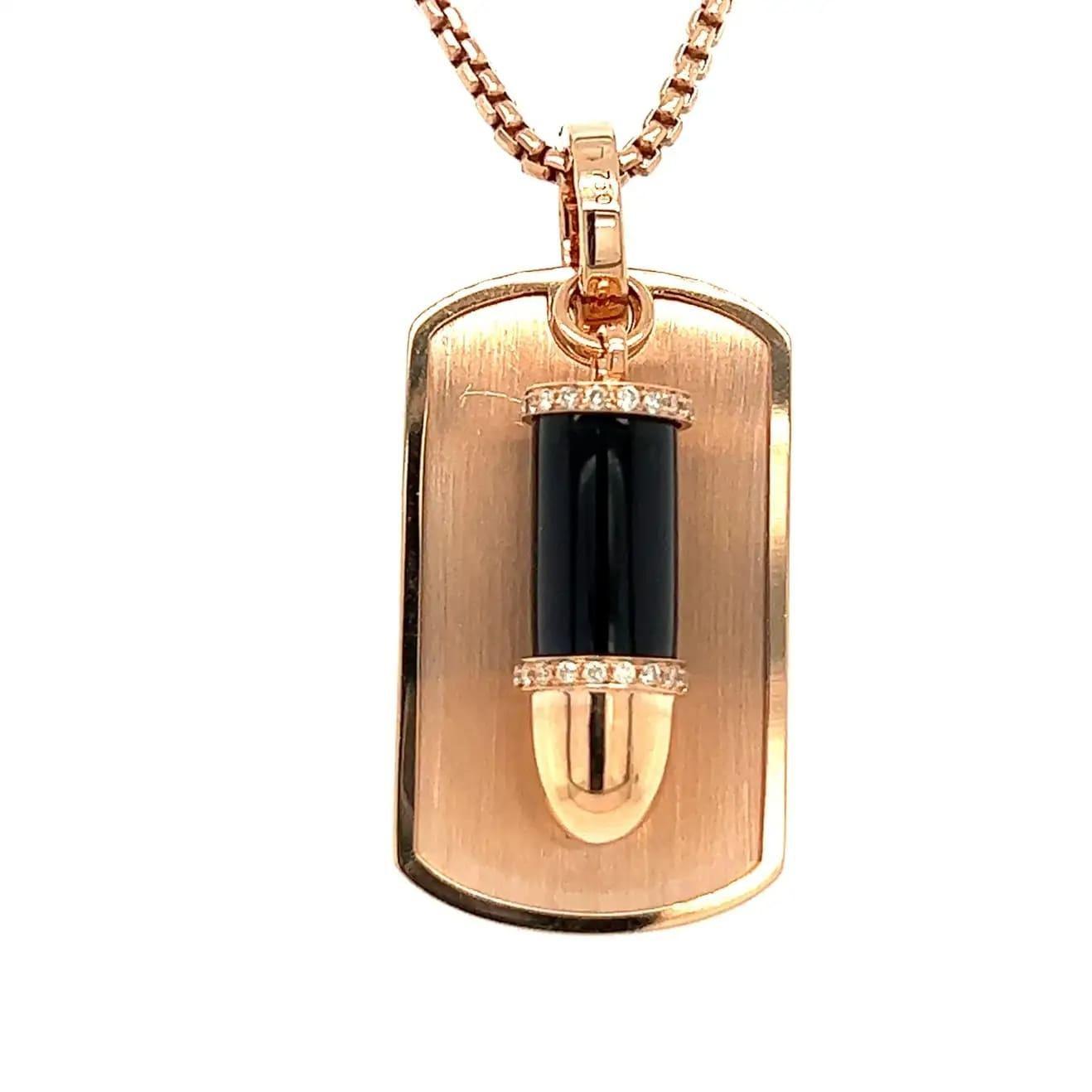 Diamond Pave Onyx Bullet Dog Tag 18 Karat Gold Amulet Charm Pendant Necklace