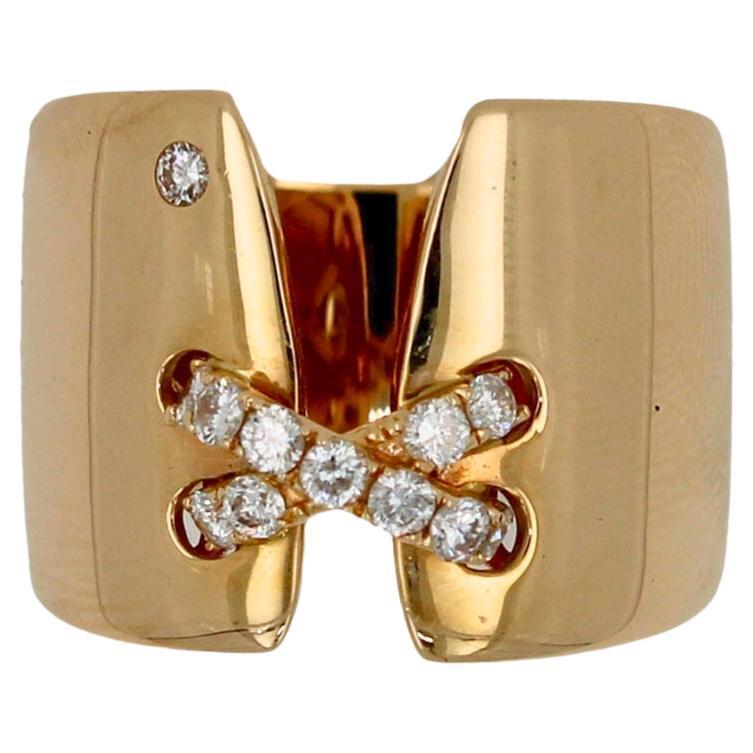 Diamond Pave Wide X Cross Chunky Cocktail Signet Band 14 Karat Yellow Gold Ring