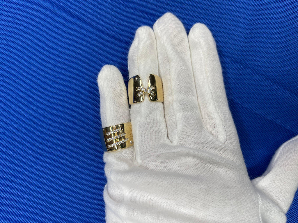 Diamond Pave Wide X Cross Chunky Cocktail Signet Band 14 Karat Yellow Gold Ring