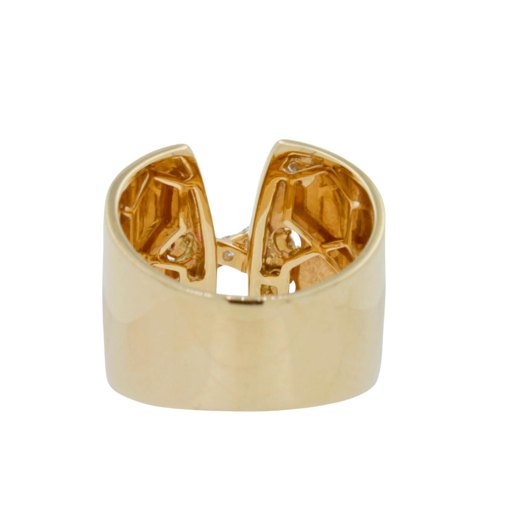 Diamond Pave Wide X Cross Chunky Cocktail Signet Band 14 Karat Yellow Gold Ring