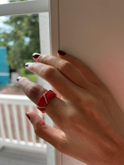 Diamond Red Coral Enamel Flexible Eternity Band 18 Karat Yellow Gold Unique Ring