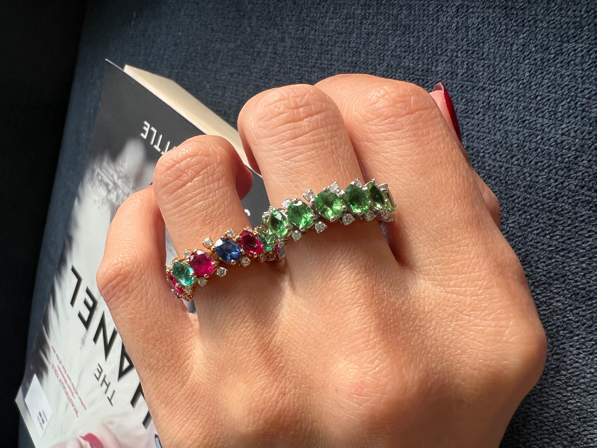 Diamond Red Ruby Emerald Blue Sapphire Flexible Eternity Band 18K Rose Gold Ring