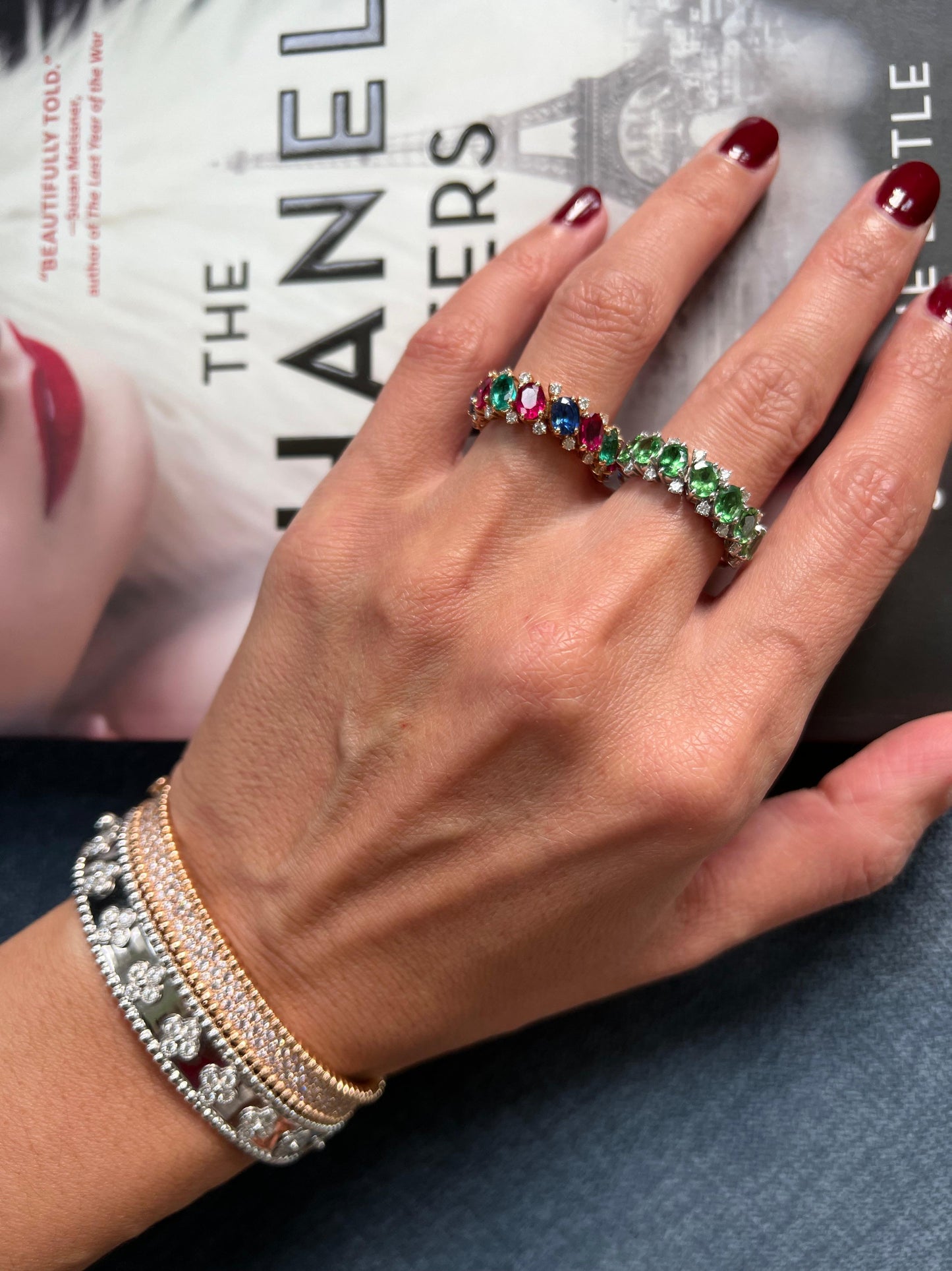 diamond red ruby emerald blue sapphire flexible eternity band 18k rose gold ring