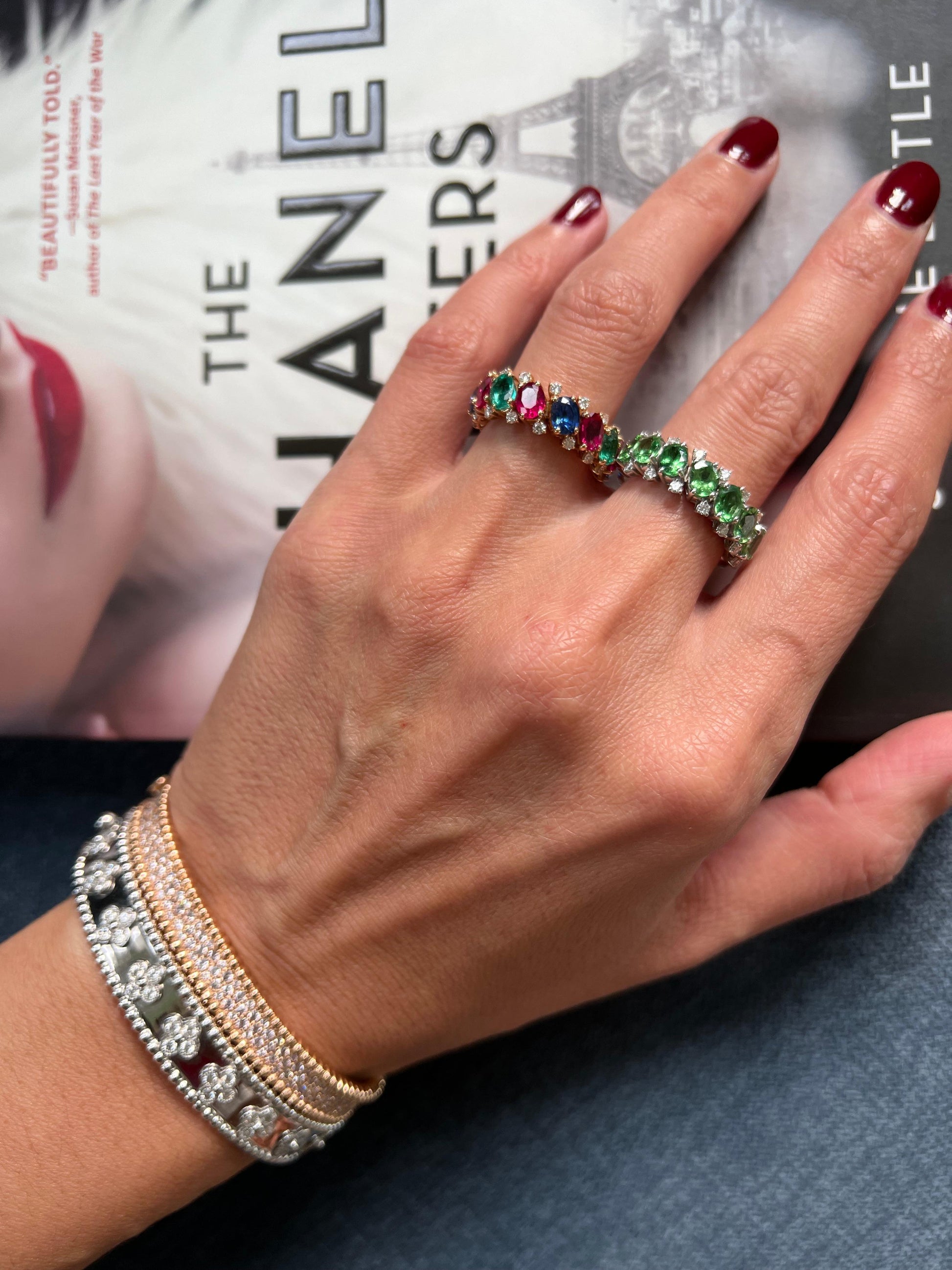 Diamond Red Ruby Emerald Blue Sapphire Flexible Eternity Band 18K Rose Gold Ring