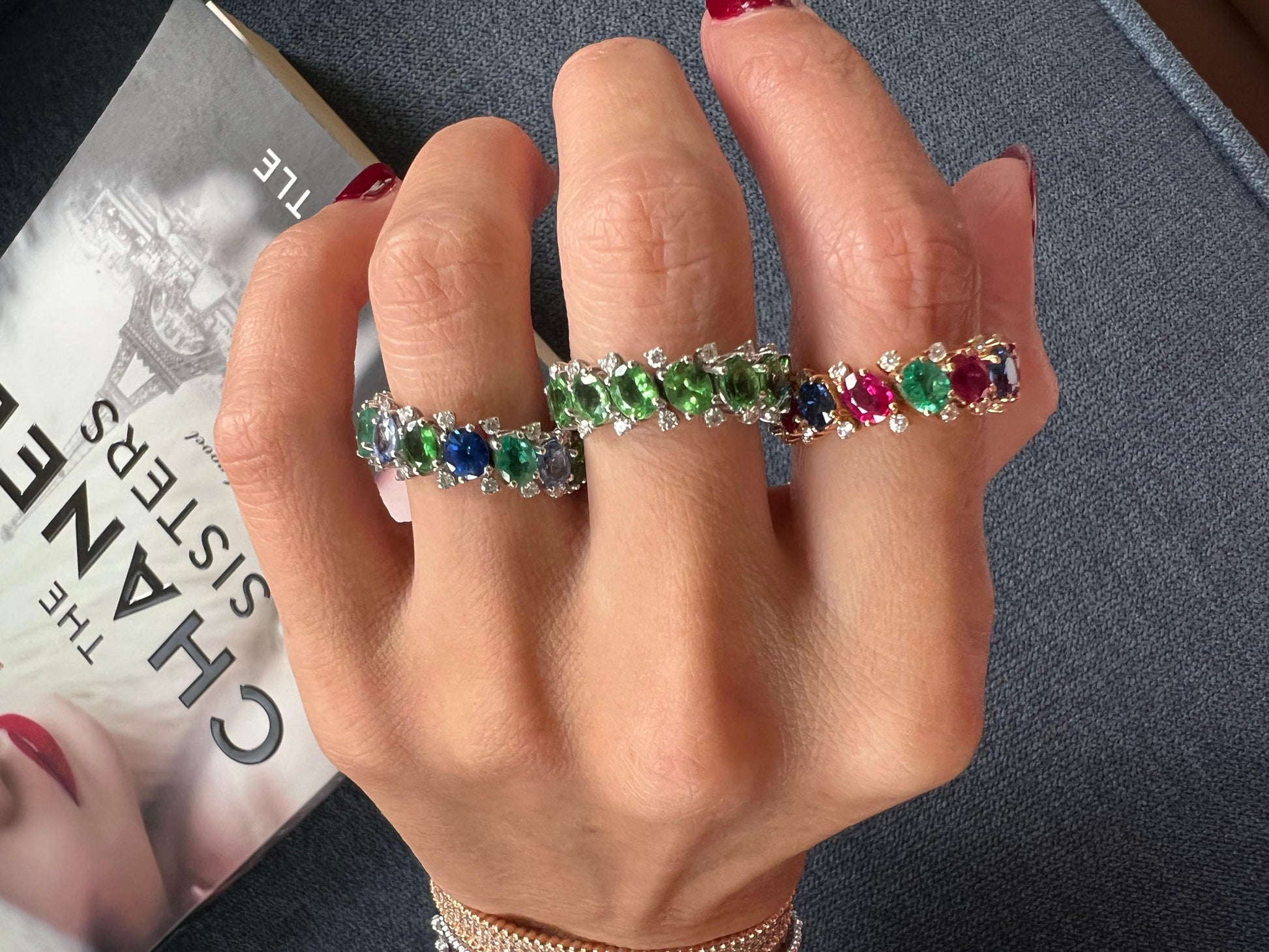 Diamond Red Ruby Emerald Blue Sapphire Flexible Eternity Band 18K Rose Gold Ring