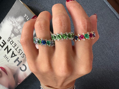 Diamond Red Ruby Emerald Blue Sapphire Flexible Eternity Band 18K Rose Gold Ring