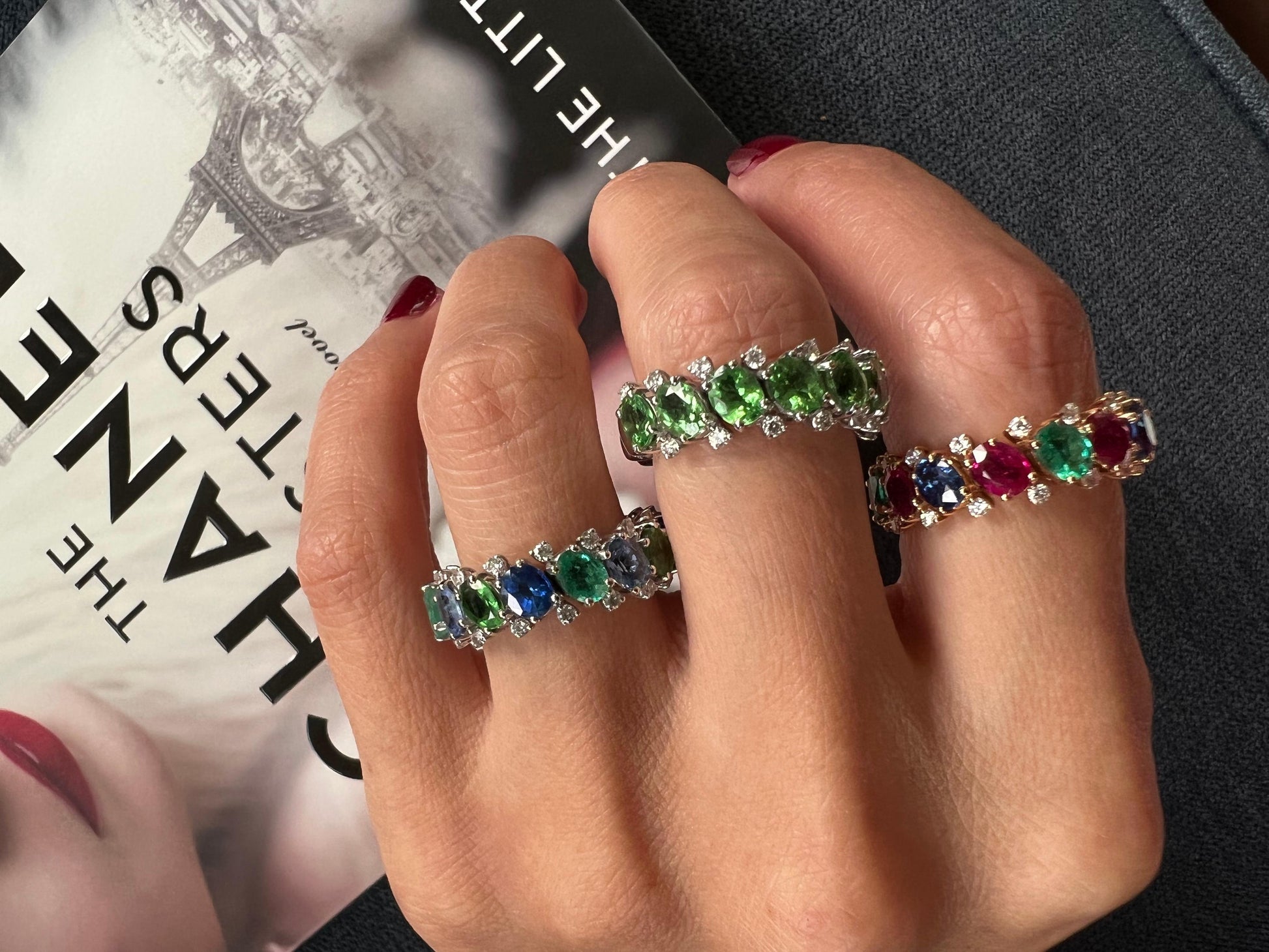 Diamond Red Ruby Emerald Blue Sapphire Flexible Eternity Band 18K Rose Gold Ring