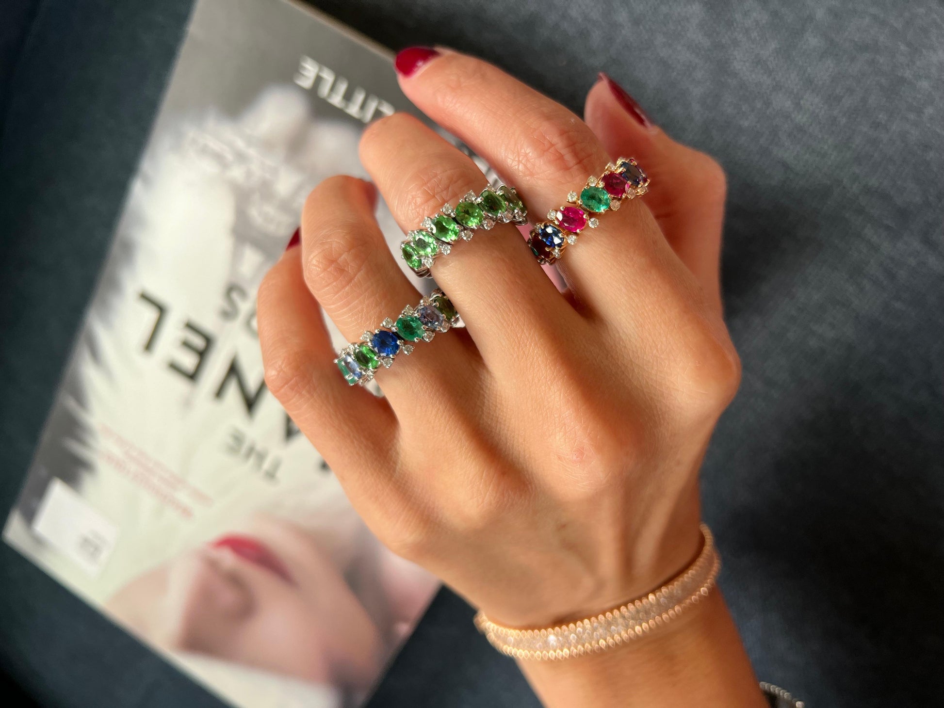 Diamond Red Ruby Emerald Blue Sapphire Flexible Eternity Band 18K Rose Gold Ring