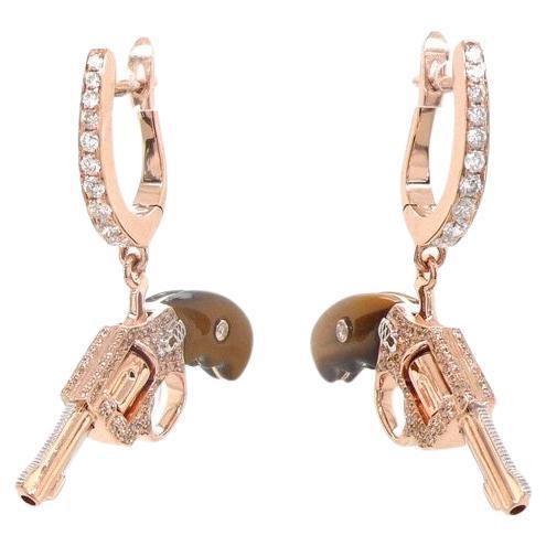 Diamond Tigers Eye Gemstone Gun Revolver 18 Rose Gold Huggie Pave Drop Earrings