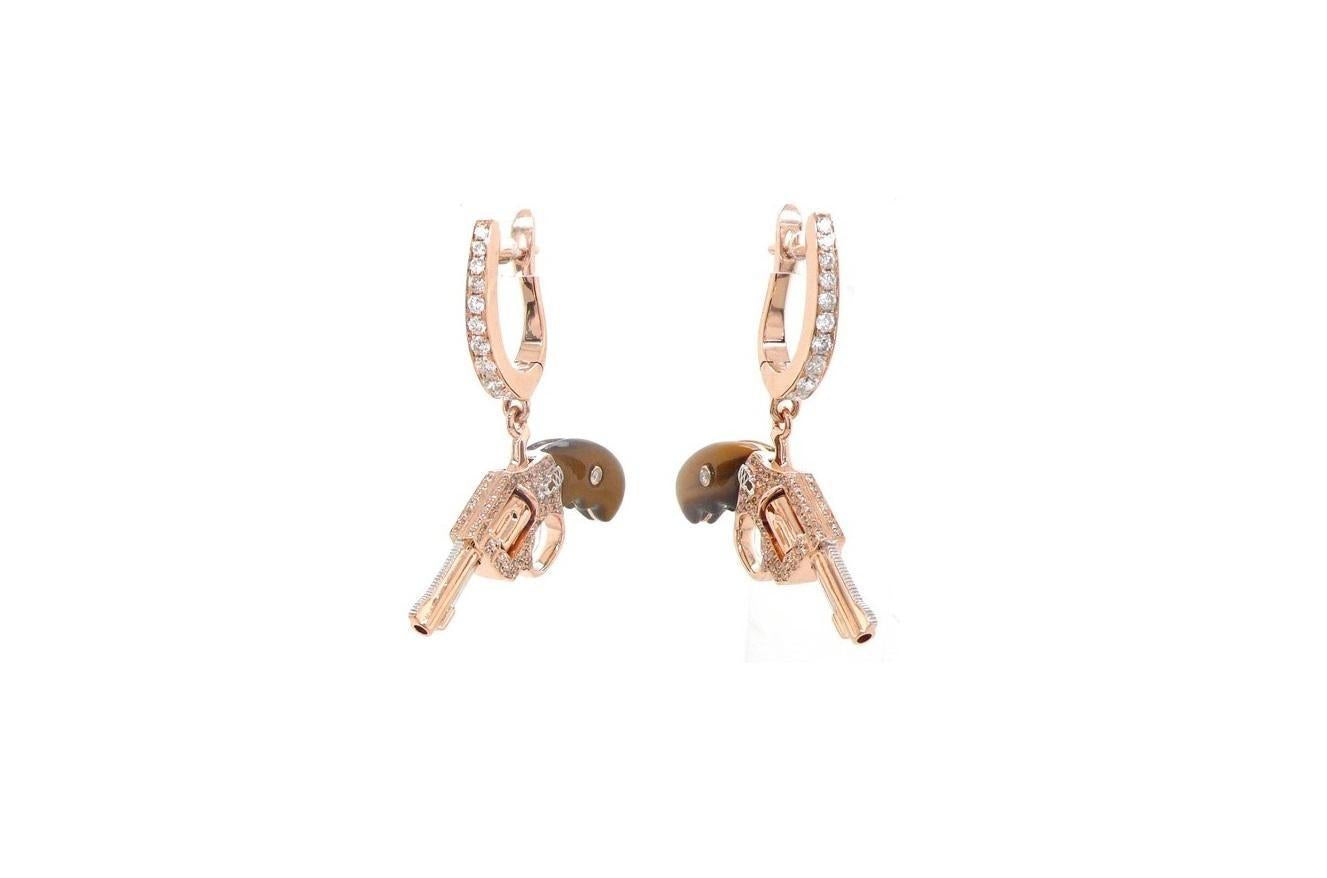 Diamond Tigers Eye Gemstone Gun Revolver 18 Rose Gold Huggie Pave Drop Earrings