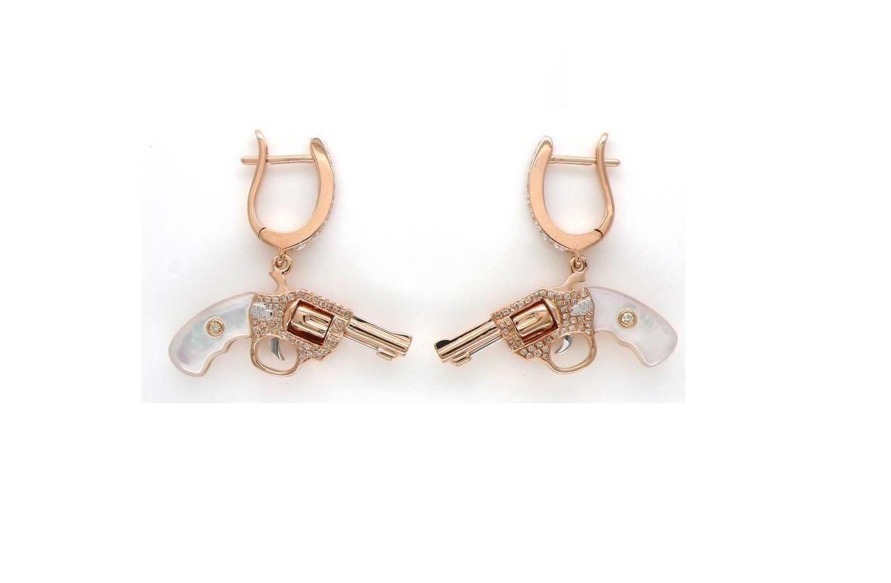 Diamond Tigers Eye Gemstone Gun Revolver 18 Rose Gold Huggie Pave Drop Earrings