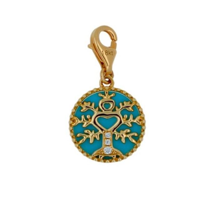 Diamond Tree of Life Nature Floral Flower 18K Yellow Gold Medallion Charm Turquo