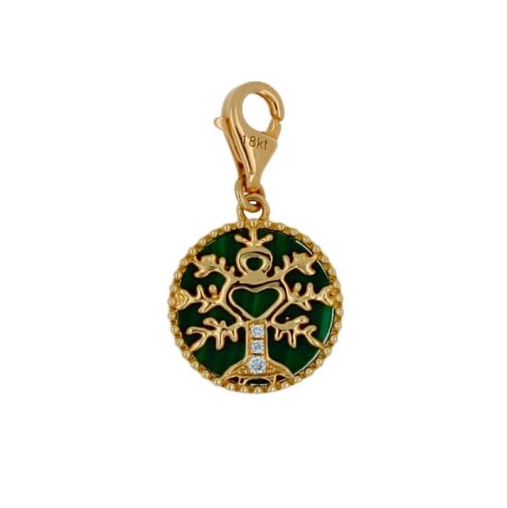 Diamond Tree of Life Nature Floral Flower Green Malachite Medallion Charm 18K Ye