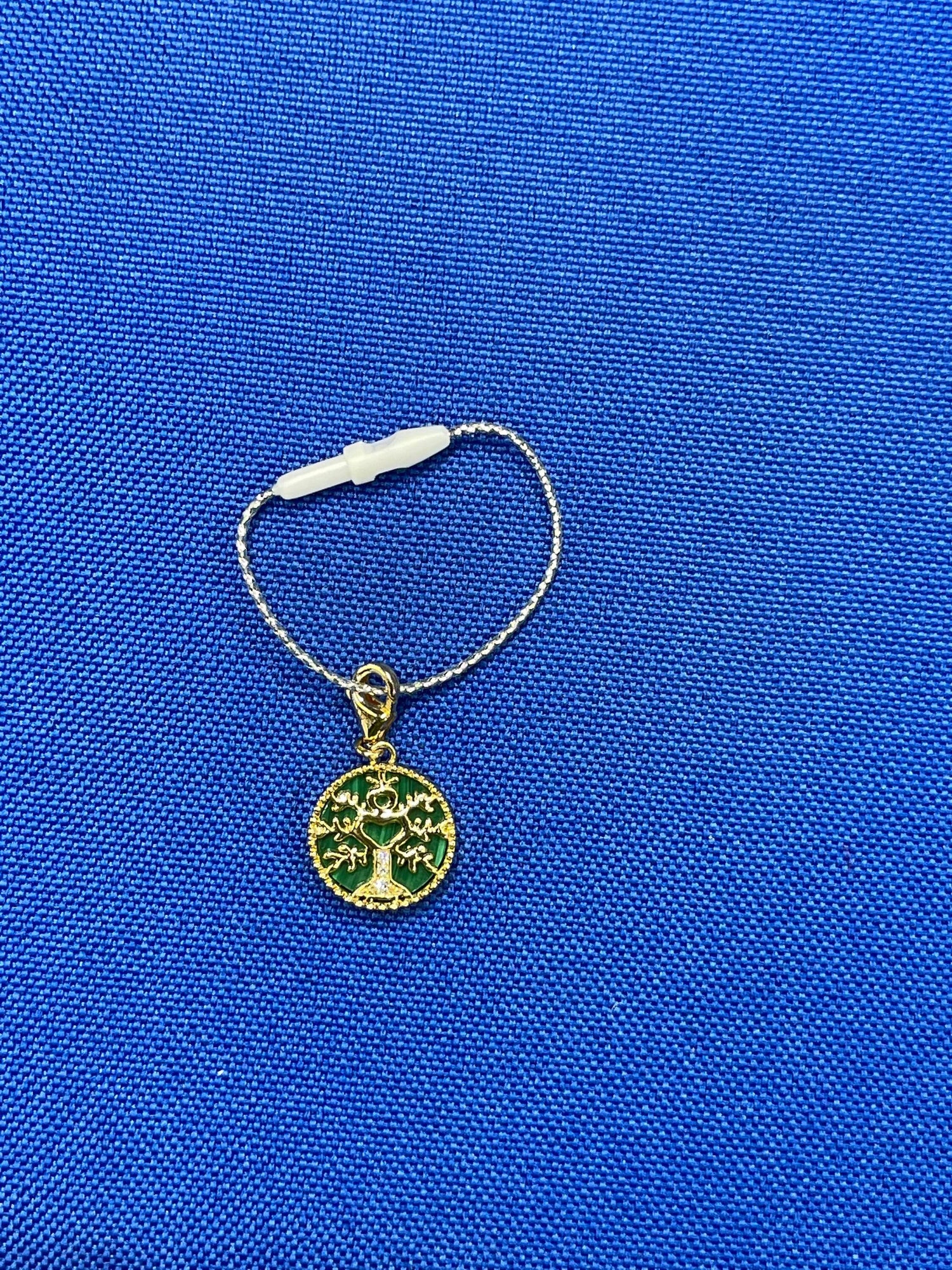 Diamond Tree of Life Nature Floral Flower Green Malachite Medallion Charm 18K Ye