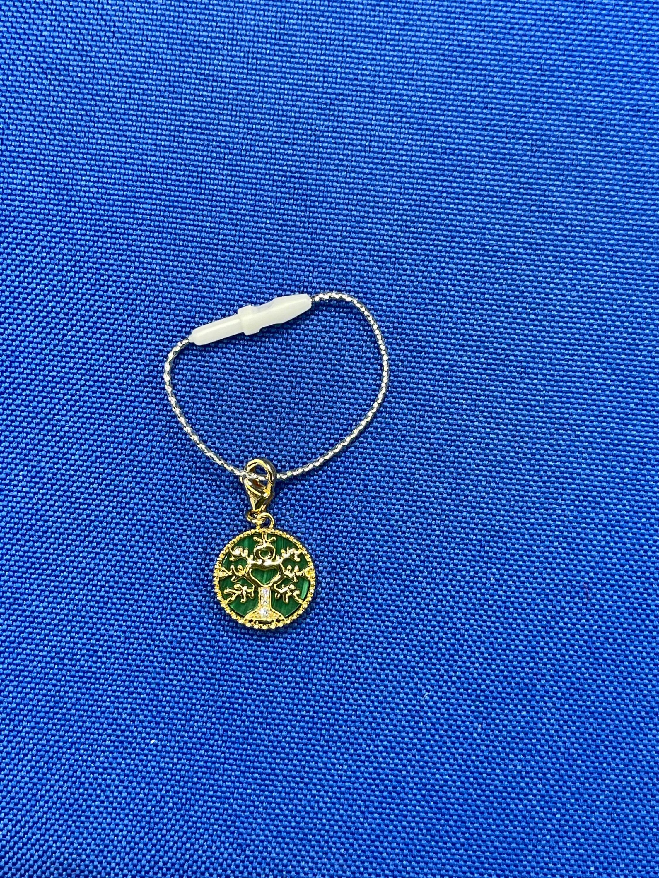 Diamond Tree of Life Nature Floral Flower Green Malachite Medallion Charm 18K Ye
