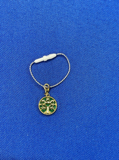 Diamond Tree of Life Nature Floral Flower Green Malachite Medallion Charm 18K Ye
