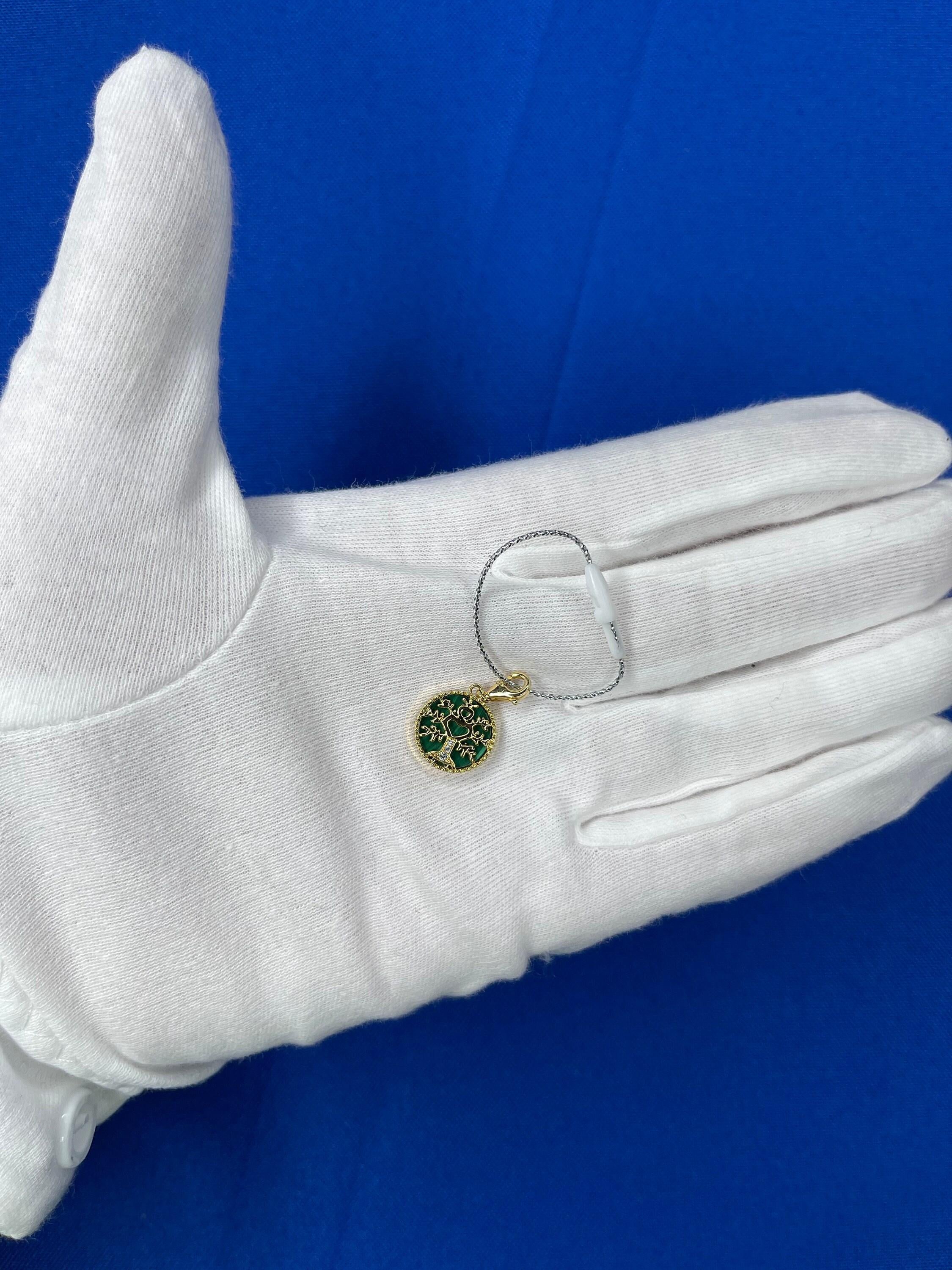 Diamond Tree of Life Nature Floral Flower Green Malachite Medallion Charm 18K Ye