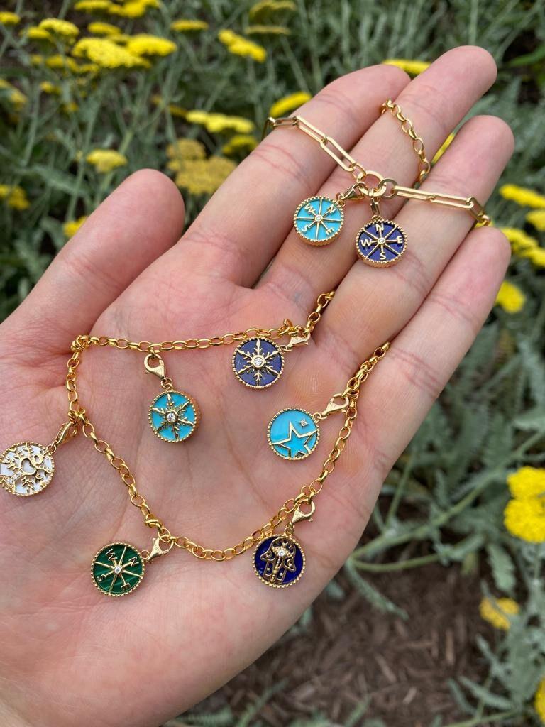 Diamond Tree of Life Nature Floral Flower Green Malachite Medallion Charm 18K Ye