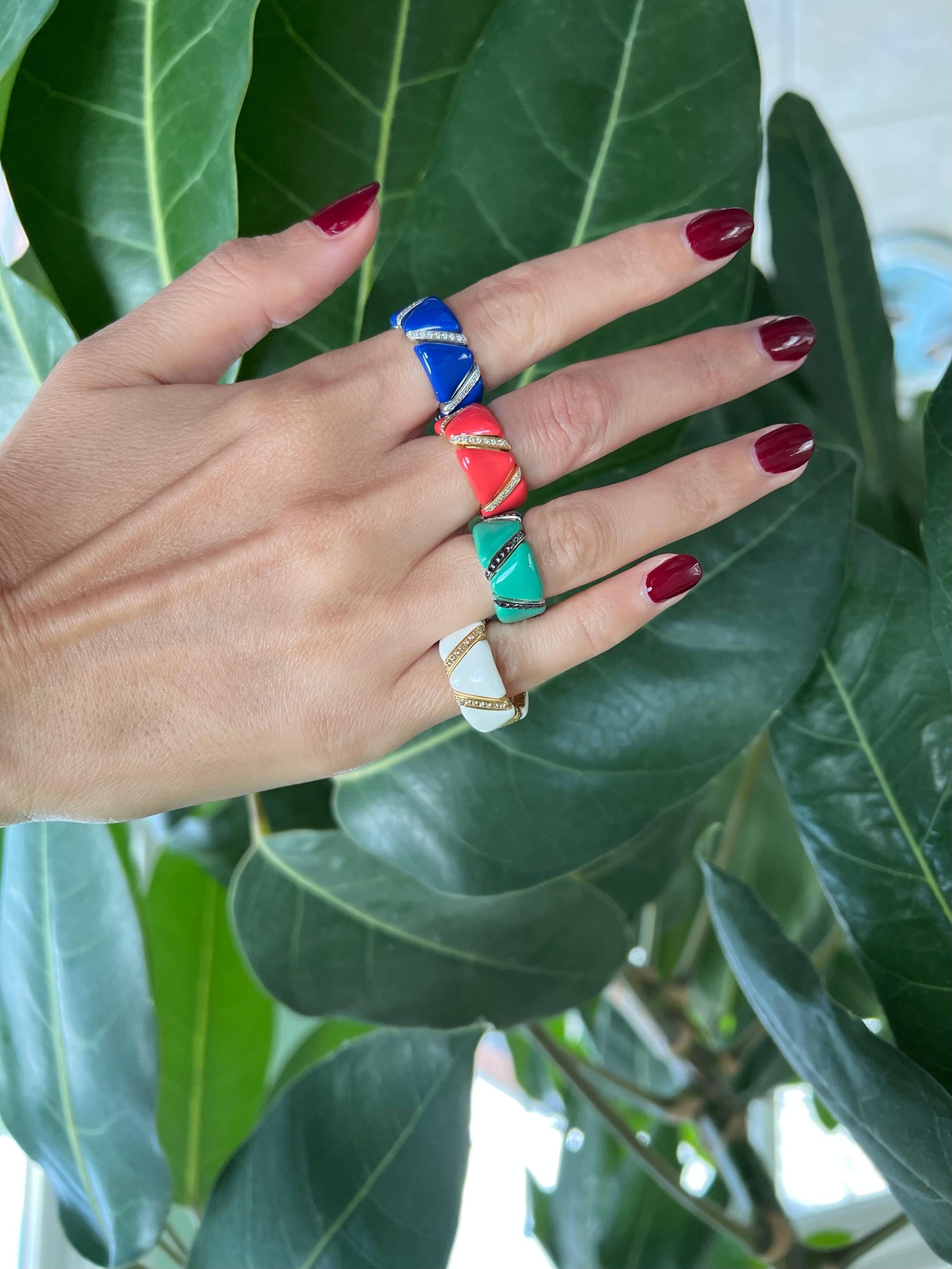 Diamond Turquoise Light Blue Enamel Eternity Band Unique Stretch 18K Gold Ring
