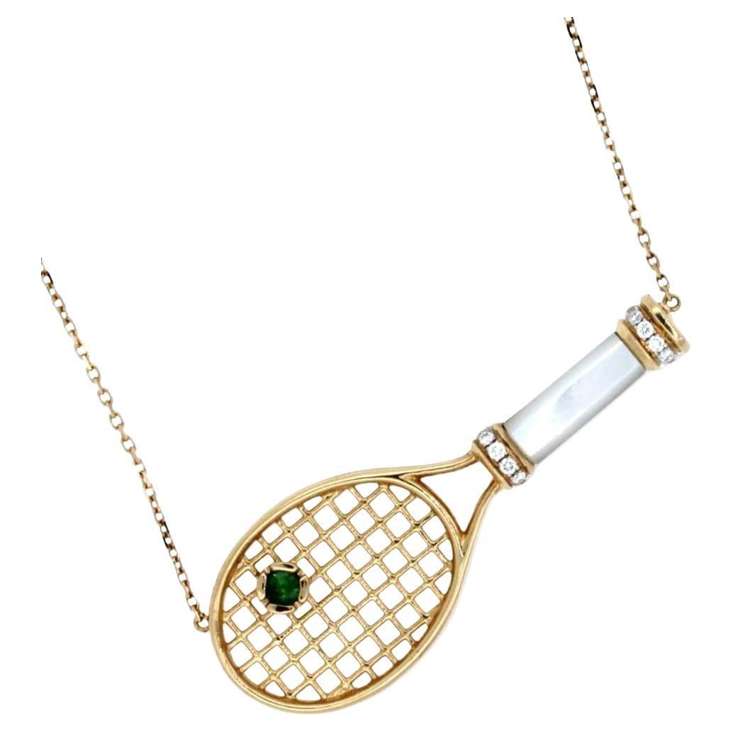 Diamond White Pearl Emerald 18 Karat Gold Tennis Racket Charm Pendant Necklace
